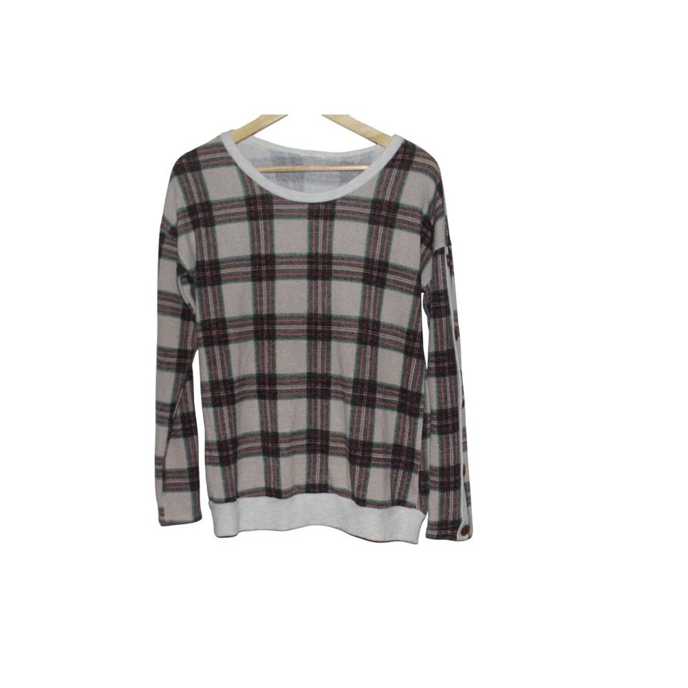 Vanilla Bay Women's Plaid Long Sleeve Top Buttons on Sleeves Size Med